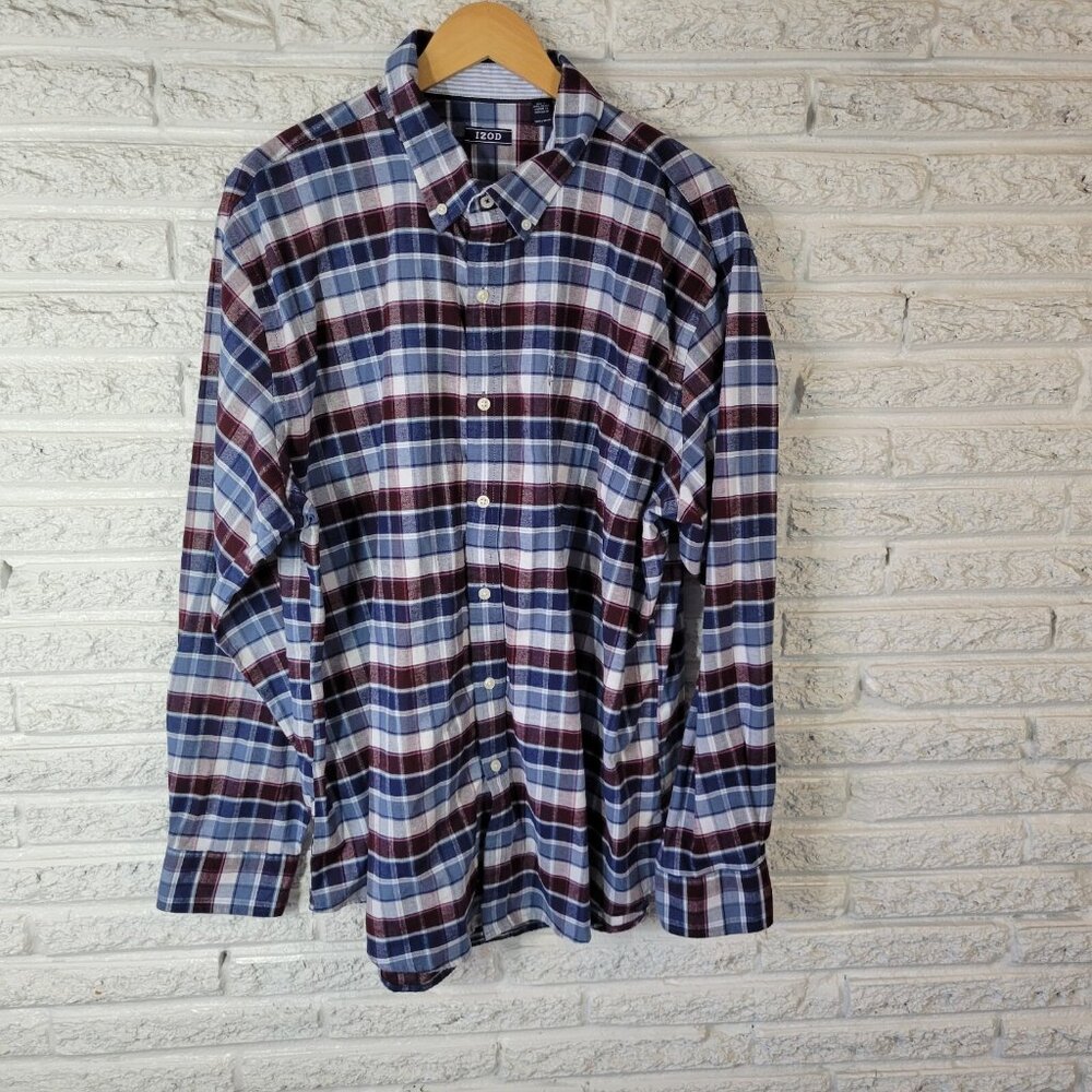Izod Mens Shirt XXL Long Sleeve Burgundy Plaid Lightweight Collar PLA134E